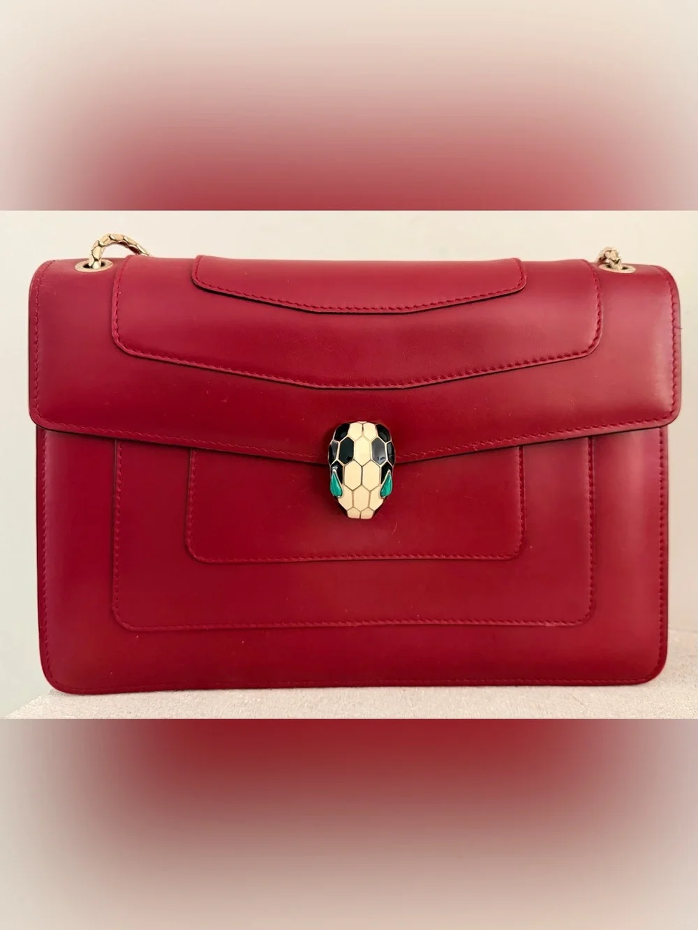 BVLGARI Serpenti Forever Ruby Red Leather Shoulder Bag Snake Chain Pristine - Picture 3 of 13